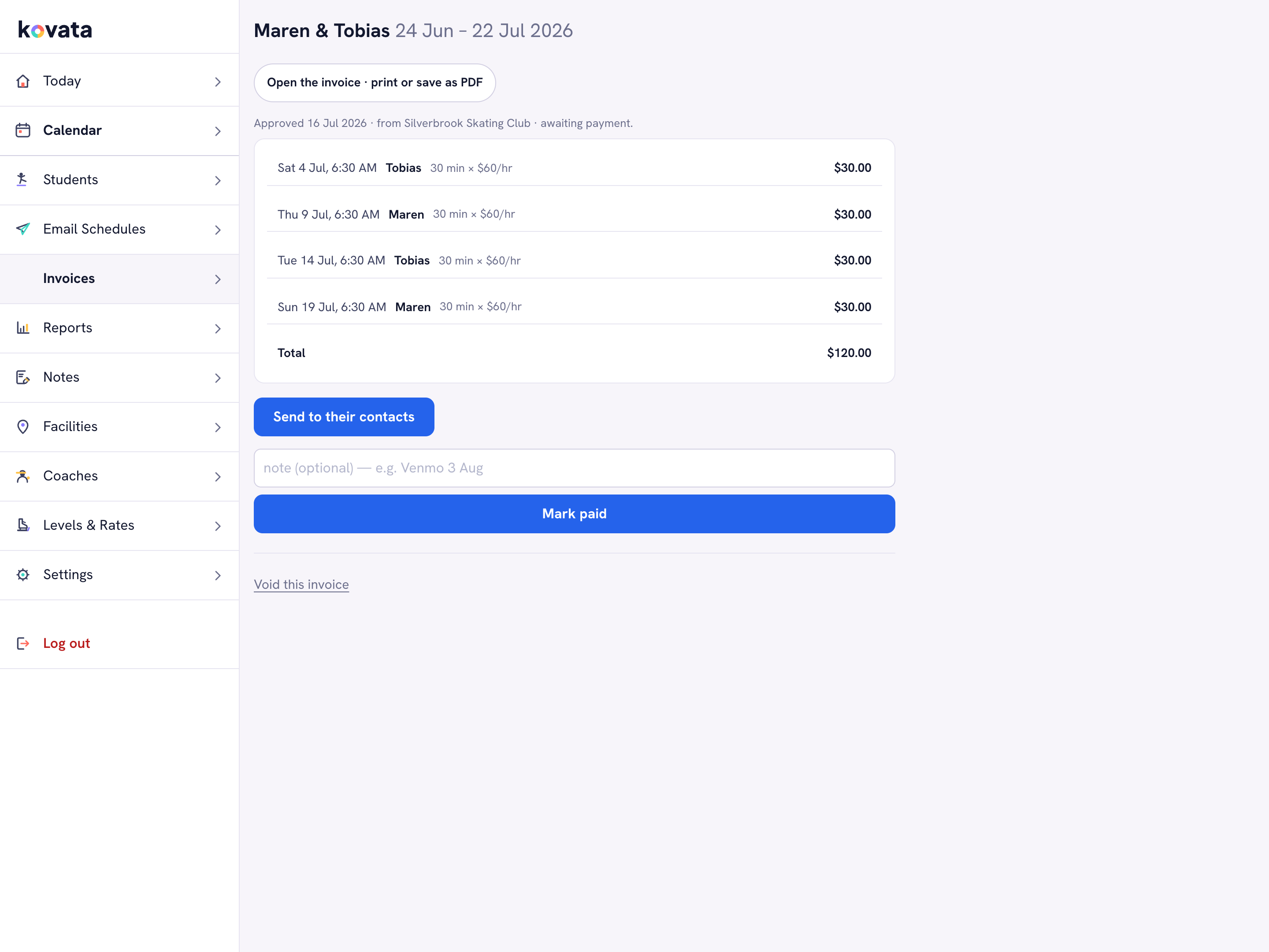 An invoice with its lessons, total and due date