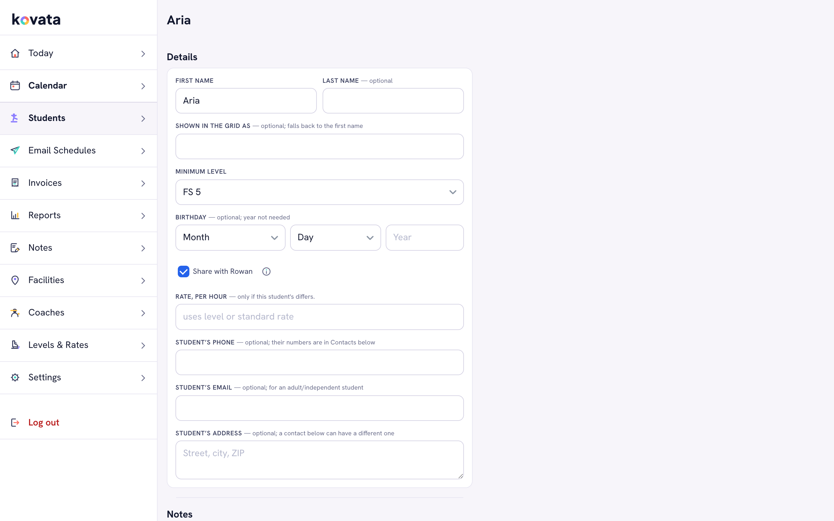 A student's page: contact, rate and lesson history